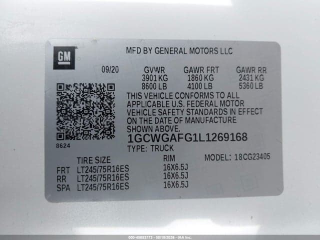 2020 CHEVROLET EXPRESS CARGO RWD 2500 REGULAR WHEELBASE WT 9