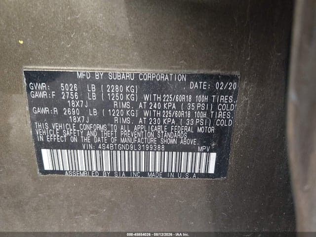 2020 SUBARU OUTBACK LIMITED XT 9