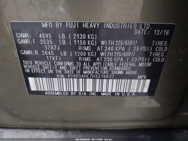 2017 SUBARU OUTBACK 2.5I PREMIUM 9