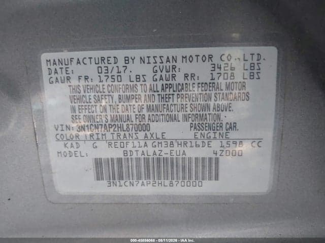 2017 NISSAN VERSA 1.6 S+ 9