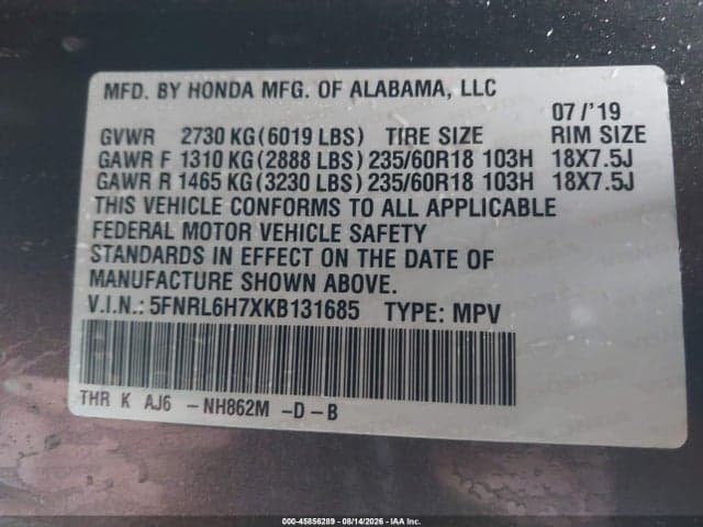 2019 HONDA ODYSSEY EX-L 9