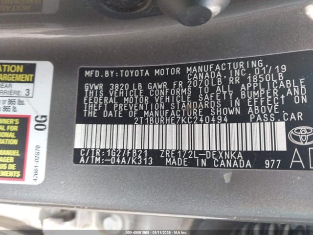 2019 TOYOTA COROLLA LE 9