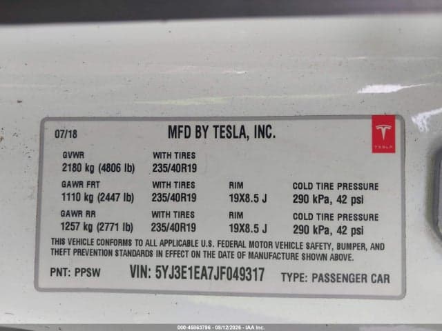2018 TESLA MODEL 3 LONG RANGE/MID RANGE 9