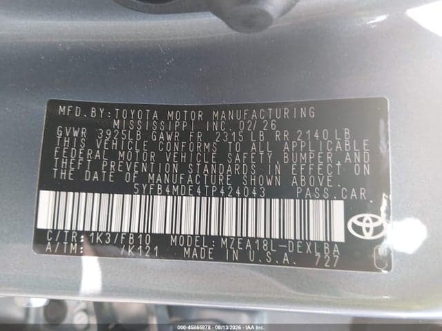 2026 TOYOTA COROLLA LE 9