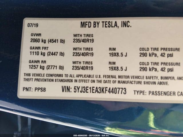 2019 TESLA MODEL 3 LONG RANGE/MID RANGE/STANDARD RANGE/STANDARD RANGE PLUS 9