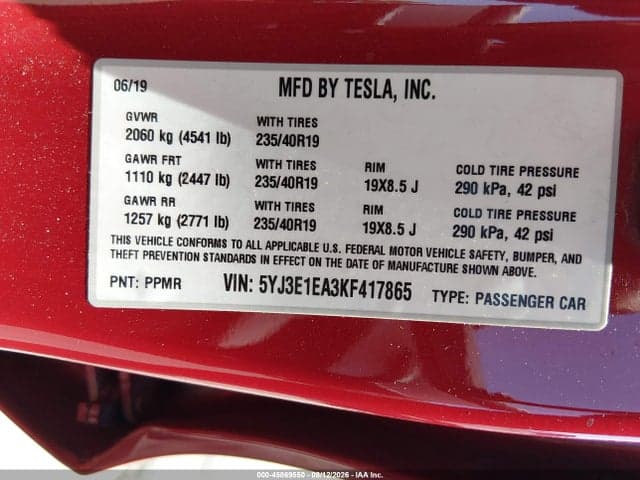 2019 TESLA MODEL 3 LONG RANGE/MID RANGE/STANDARD RANGE/STANDARD RANGE PLUS 9