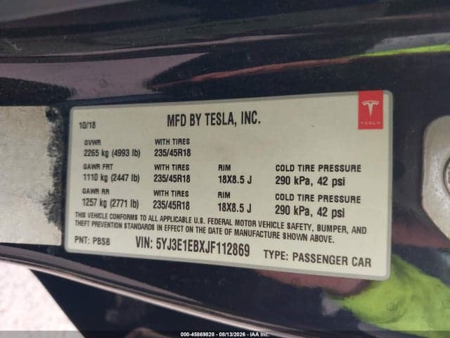 2018 TESLA MODEL 3 LONG RANGE/PERFORMANCE 9