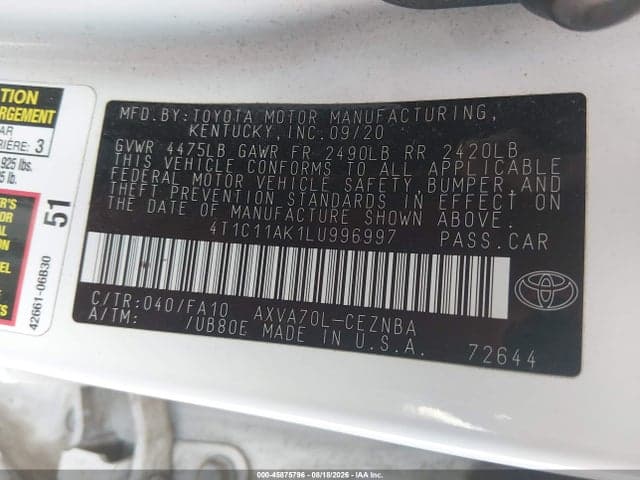 2020 TOYOTA CAMRY LE 9