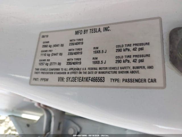 2019 TESLA MODEL 3 LONG RANGE/MID RANGE/STANDARD RANGE/STANDARD RANGE PLUS 9