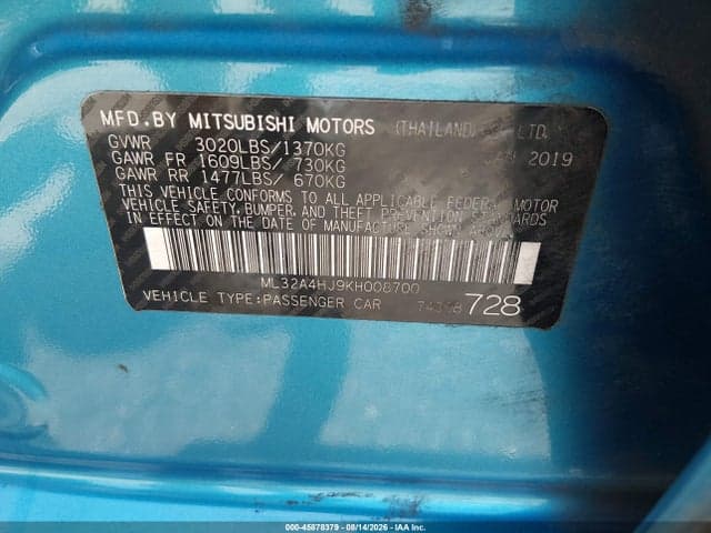 2019 MITSUBISHI MIRAGE SE 9