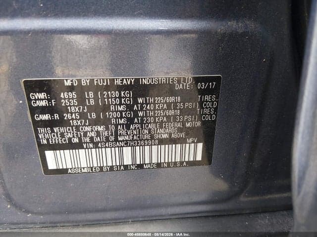 2017 SUBARU OUTBACK 2.5I LIMITED 9