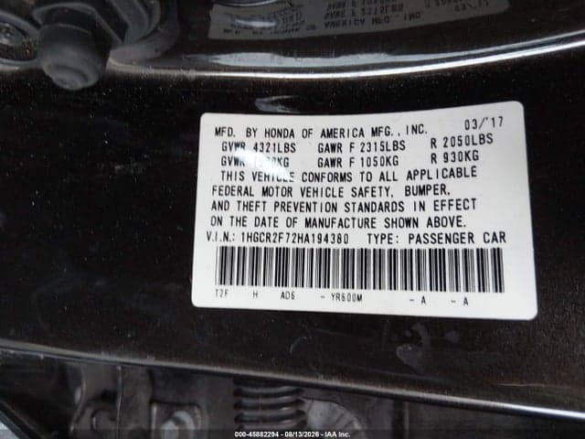2017 HONDA ACCORD EX 9