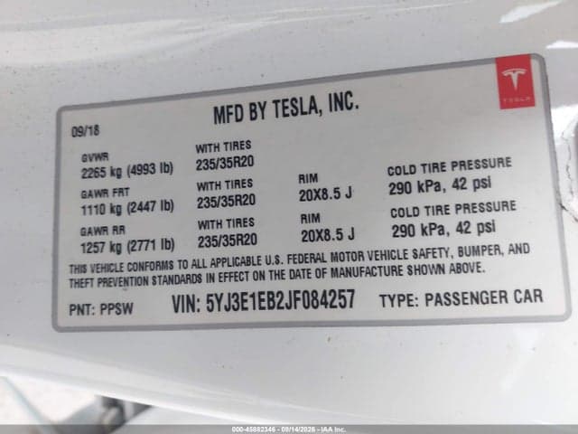 2018 TESLA MODEL 3 LONG RANGE/PERFORMANCE 9