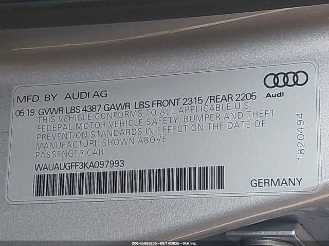 2019 AUDI A3 40 PREMIUM/40 TITANIUM PREMIUM 9