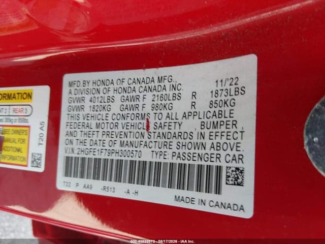 2023 HONDA CIVIC EX/EX W/O BSI 9