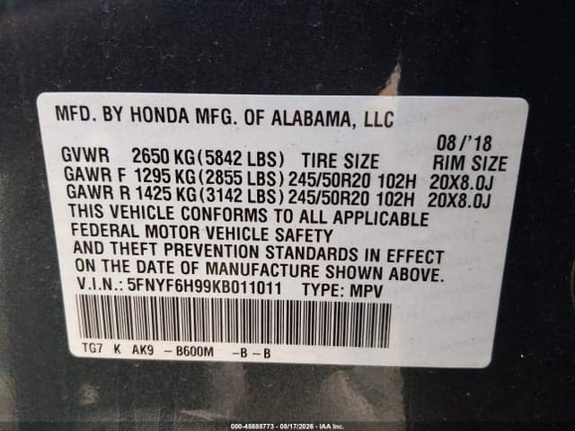 2019 HONDA PILOT TOURING 9