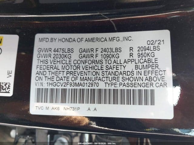 2021 HONDA ACCORD TOURING 9
