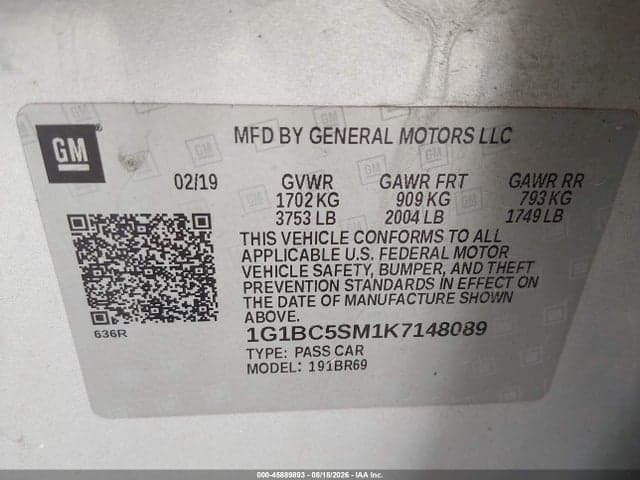2019 CHEVROLET CRUZE LS 9