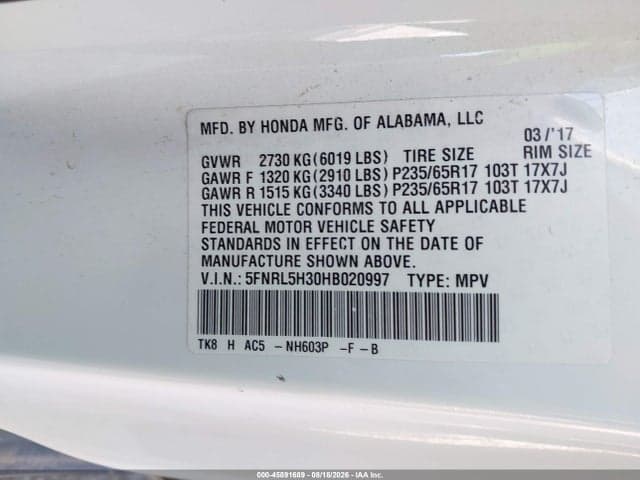 2017 HONDA ODYSSEY SE 9