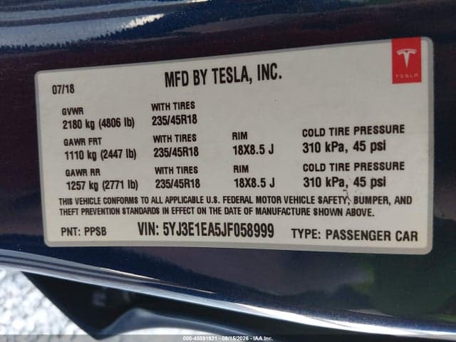 2018 TESLA MODEL 3 LONG RANGE/MID RANGE 9