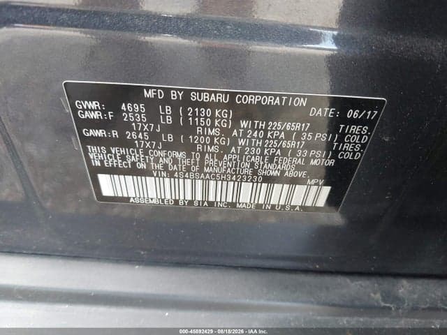 2017 SUBARU OUTBACK 2.5I 9