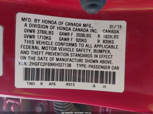 2019 HONDA CIVIC LX 9