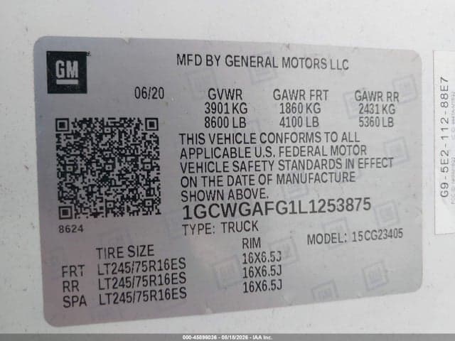 2020 CHEVROLET EXPRESS CARGO RWD 2500 REGULAR WHEELBASE WT 9