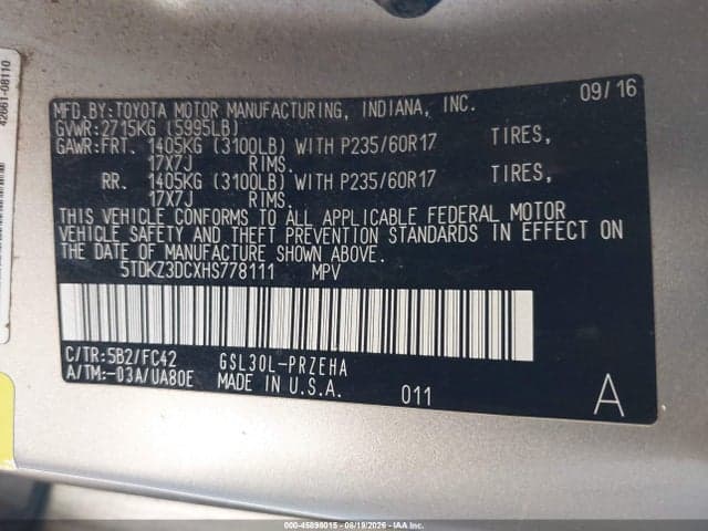 2017 TOYOTA SIENNA LE 8 PASSENGER 9