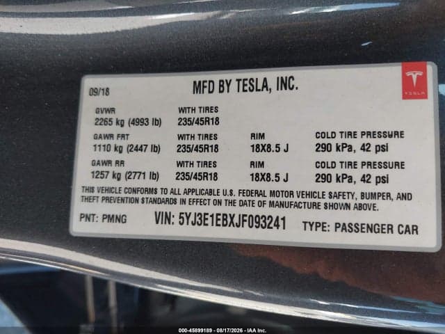 2018 TESLA MODEL 3 LONG RANGE/PERFORMANCE 9