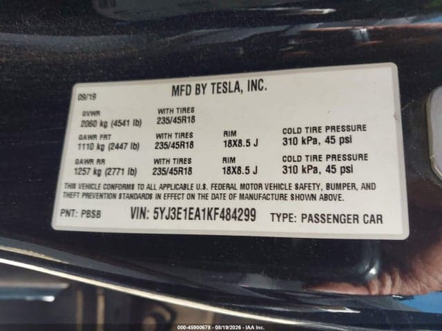 2019 TESLA MODEL 3 LONG RANGE/MID RANGE/STANDARD RANGE/STANDARD RANGE PLUS 9