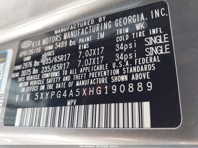 2017 KIA SORENTO 3.3L LX 9