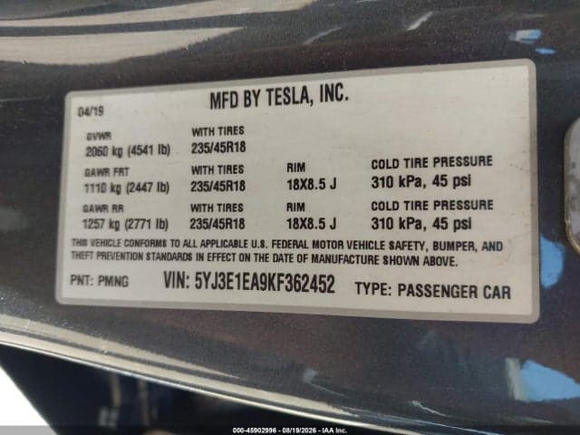 2019 TESLA MODEL 3 LONG RANGE/MID RANGE/STANDARD RANGE/STANDARD RANGE PLUS 9