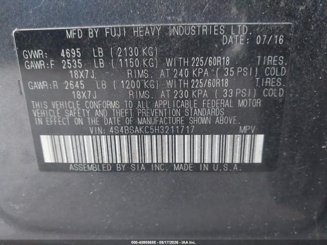 2017 SUBARU OUTBACK 2.5I LIMITED 9