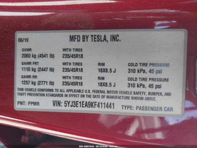 2019 TESLA MODEL 3 LONG RANGE/MID RANGE/STANDARD RANGE/STANDARD RANGE PLUS 9
