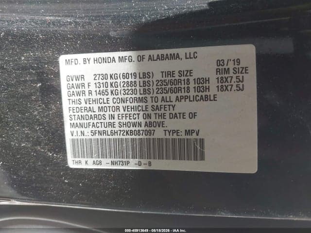 2019 HONDA ODYSSEY EX-L 9