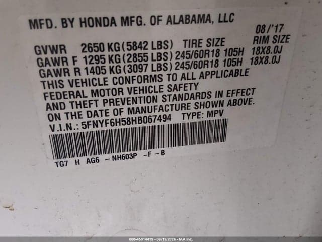 2017 HONDA PILOT EX-L 9