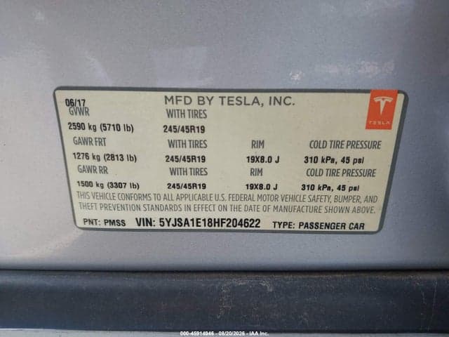 2017 TESLA MODEL S 60/75 9