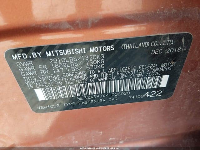 2019 MITSUBISHI MIRAGE ES 9
