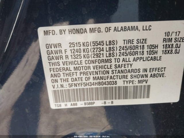 2017 HONDA PILOT EX 9