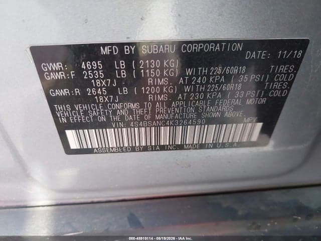 2019 SUBARU OUTBACK 2.5I LIMITED 9