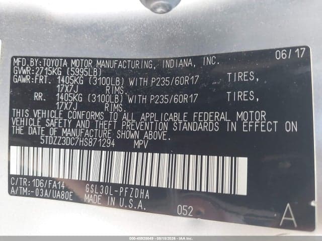 2017 TOYOTA SIENNA L 7 PASSENGER 9