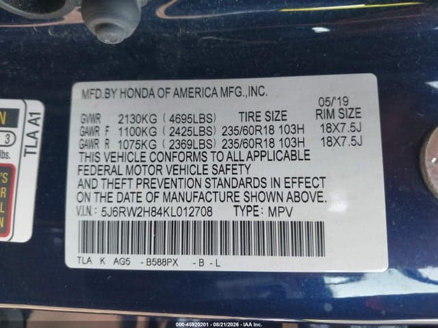2019 HONDA CR-V EX-L 9