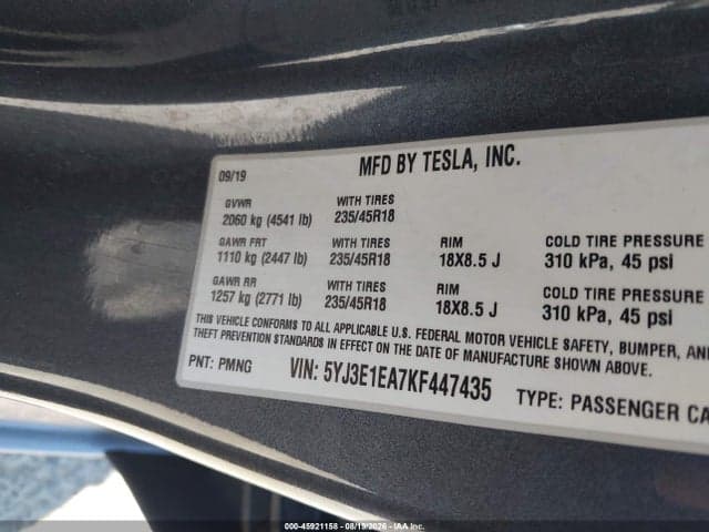 2019 TESLA MODEL 3 LONG RANGE/MID RANGE/STANDARD RANGE/STANDARD RANGE PLUS 9