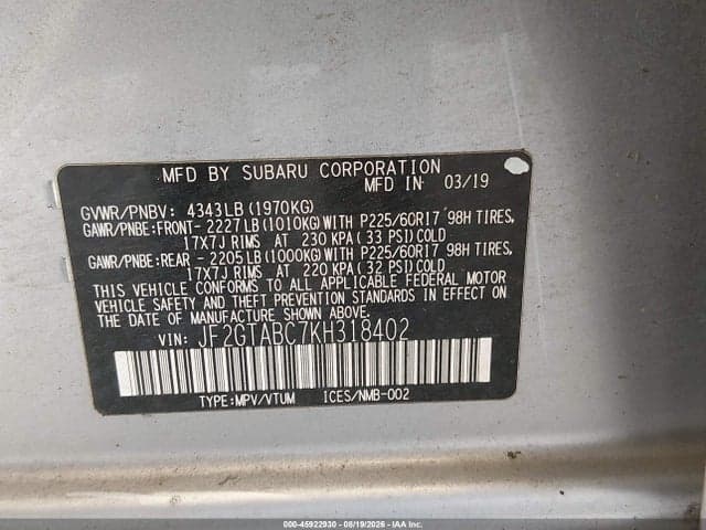2019 SUBARU CROSSTREK 2.0I 9