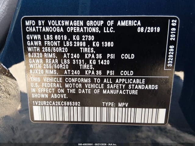 2019 VOLKSWAGEN ATLAS 3.6L V6 SE W/TECHNOLOGY 9