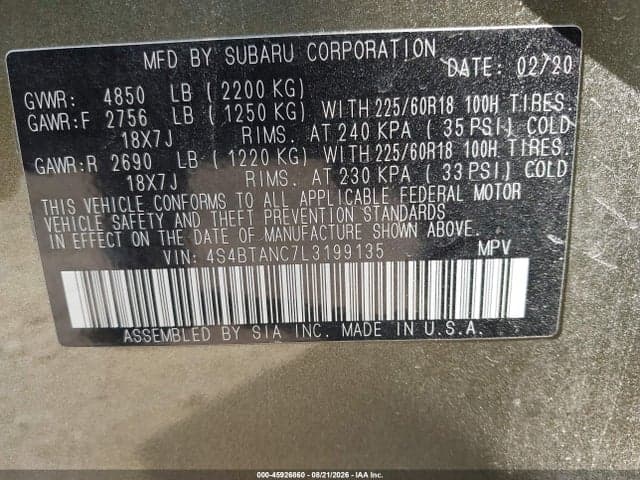 2020 SUBARU OUTBACK LIMITED 9