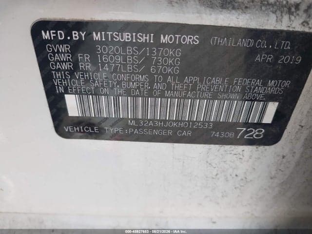 2019 MITSUBISHI MIRAGE ES 9