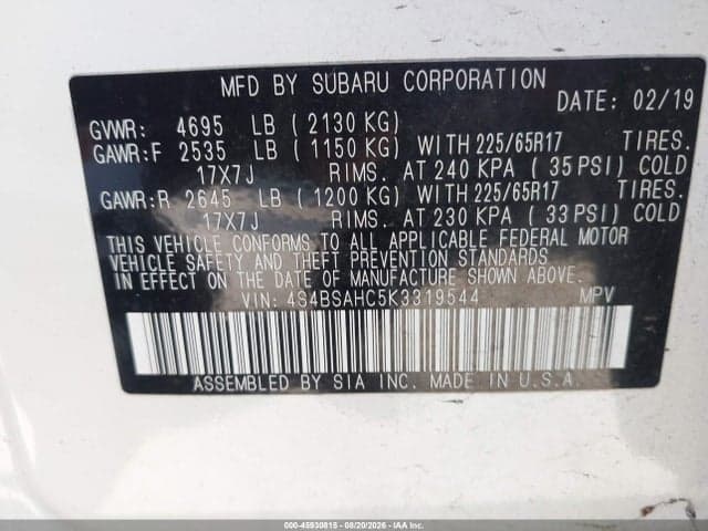 2019 SUBARU OUTBACK 2.5I PREMIUM 9