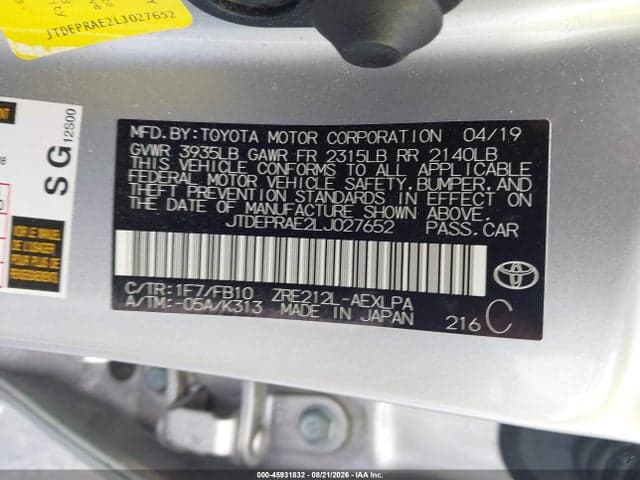 2020 TOYOTA COROLLA LE 9