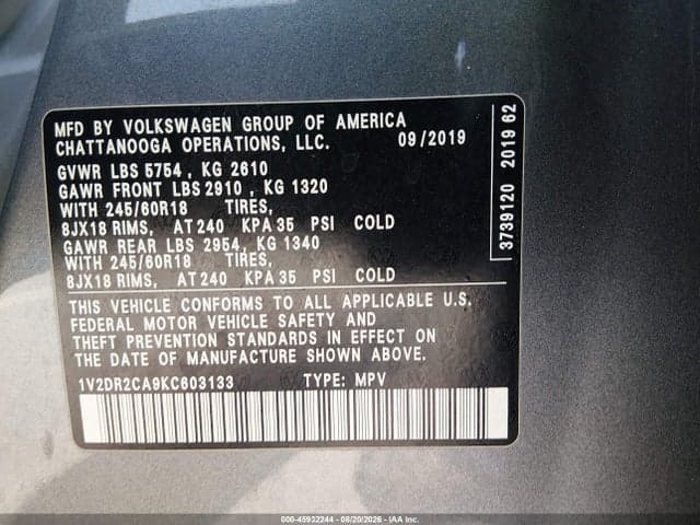2019 VOLKSWAGEN ATLAS 3.6L V6 SE 9